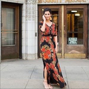 Anthropologie Black Maxi Dress with Red Floral Print
